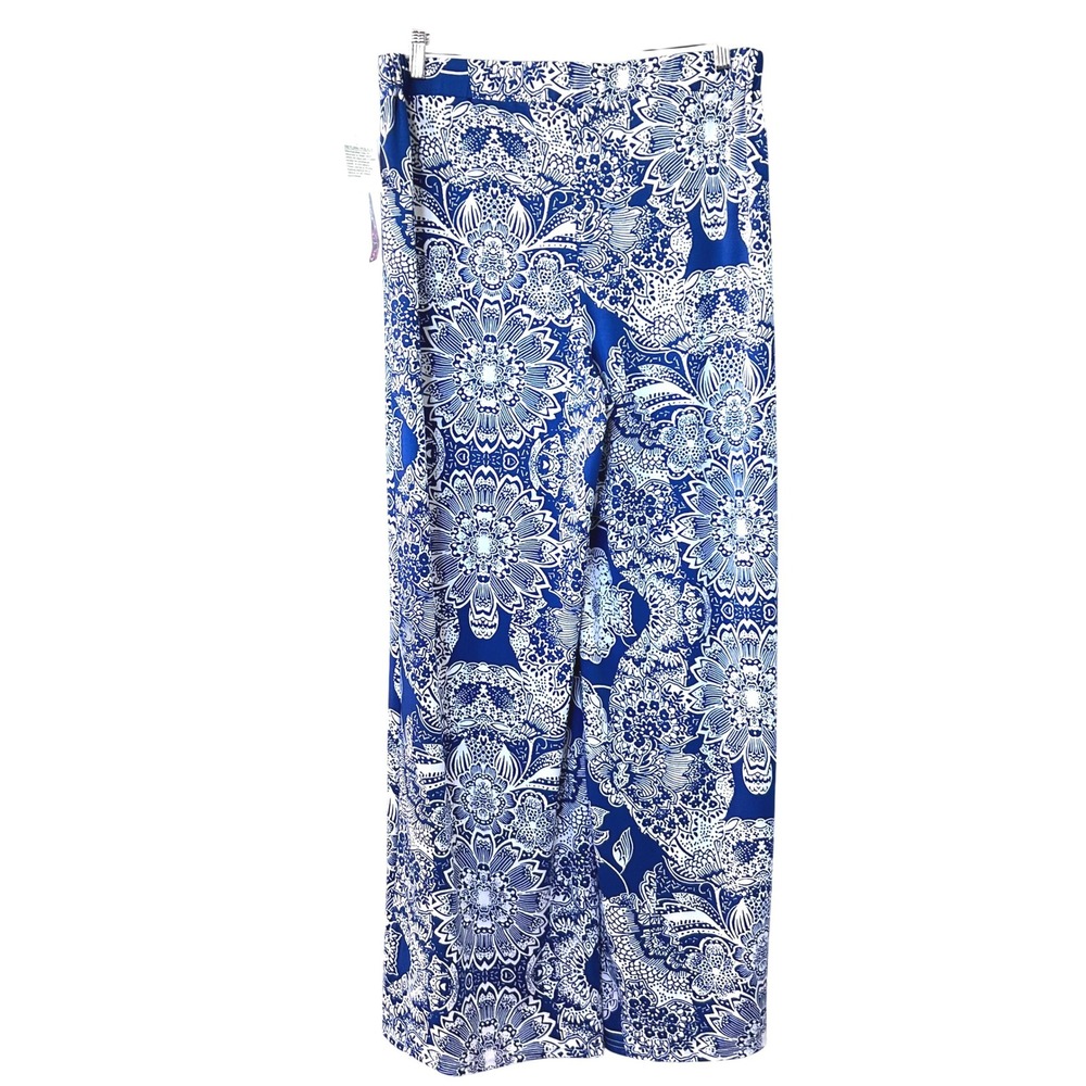 NWT Peck & Peck Blue White Floral Medallion Wide Leg Palazzo Pants Women's  L